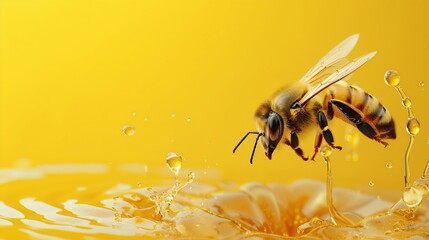 Honeybee on Golden Honey with Droplets. Generative ai - obrazy, fototapety, plakaty