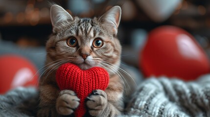 A red knitted heart in the paws of a cat. A postcard with a gray and black fluffy cat