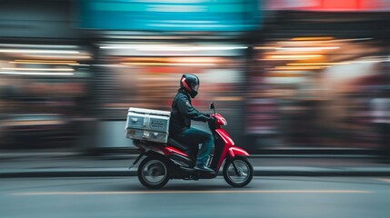 Naklejka premium Speeding Delivery Scooter in Urban Setting. Generative ai