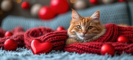 A red knitted heart in the paws of a cat. A postcard with a gray and black fluffy cat