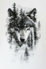 Mystical Wolf Double Exposure with Forest Landscape. Generative ai