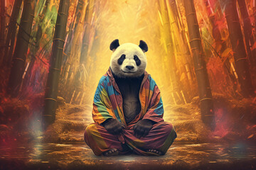 Zen Panda in Colorful Robes Amidst Bamboo Forest - obrazy, fototapety, plakaty