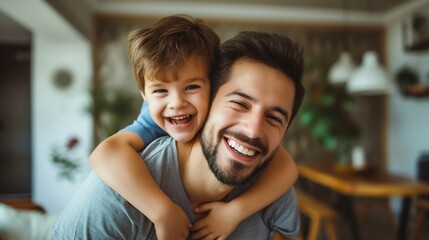 Obraz premium Joyful Father and Son Sharing a Piggyback Ride and Laughter. Generative ai