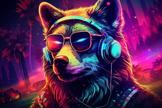 Hipster Dog with Headphones in Neon Sunset