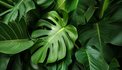 green leaf and palms background. Flat lay, dark nature concept, tropical leaf
