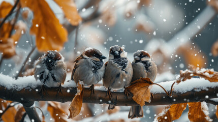Three birds perched on branch covered in snow. Suitable for winter-themed designs and nature illustrations - obrazy, fototapety, plakaty