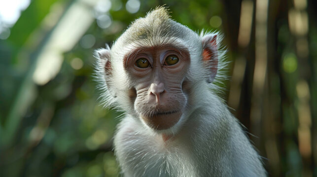 Close-up photograph of monkey looking directly at camera. This image can be used to capture curiosity and expression of animals in wildlife or nature-related projects