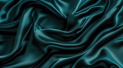 Fototapeta premium Dark teal green silk satin. Shiny smooth fabric. Soft folds. Luxury background with space for design. web banner. Flat lay, top view table. Birthday, Christmas