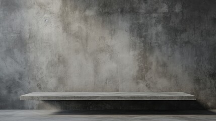 Empty Gray Wall Room interiors Studio Concrete Backdrop and Floor cement Shelf, well editing montage display products and text present on free space Grey Color Background