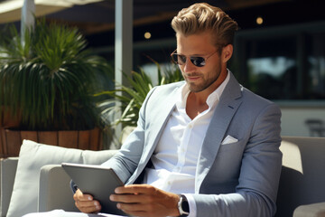 Man sitting on couch using tablet computer. Suitable for technology, leisure, and modern lifestyle themes