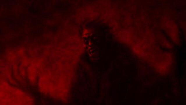Scary bloody demon shepherd with creepy smile. Dark 2D animation in horror fantasy genre. Creepy  thing face laughing. Spooky character animated backdrop movie. Red and black background video clip.