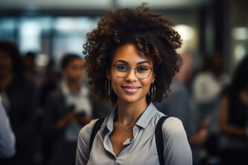 Fototapeta premium Woman wearing glasses confidently stands in front of group of people. Suitable for business, leadership, and team-building concepts