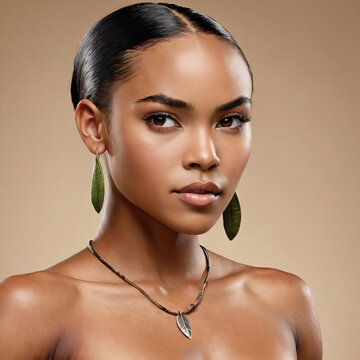 Athletic Pacific Islander Supermodel - Portrait of a half-naked black-skinned Pacific Islander supermodel with distinctive eyebrows and alluring beauty mark Gen AI