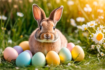 Fototapeta na wymiar Cute Easter rabbit with colorful eggs and spring flowers on green grass at sunny day. Little bunny in the meadow. Happy Easter celebration concept. Design for banner, greeting card, postcard
