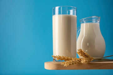 A glass of oat milk and oat flakes. The concept of alternative lactose-free dairy products.