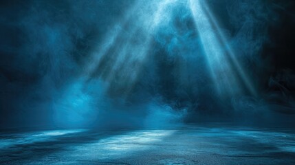 Rays, spotlights light. Empty dark scene with blue light. Asphalt blue dark street with smoke.