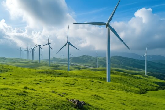 Windmills turbines in a natural field. Renewable Energy concept. Generative AI
