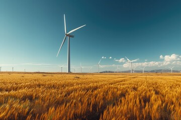 Windmills turbines in a natural field. Renewable Energy concept. Generative AI