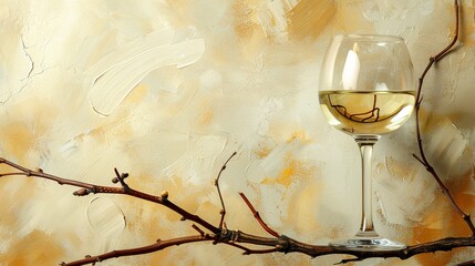 White wine and old snag on a beige background - obrazy, fototapety, plakaty