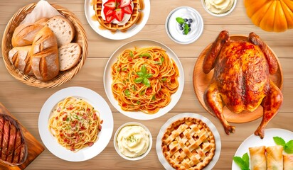 collage of food on the wooden table.