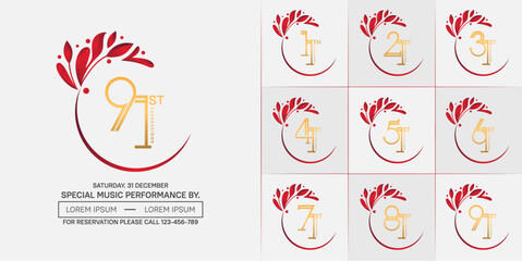 Fototapeta na wymiar set of anniversary logotype golden color with red swoosh and ornament for special celebration event