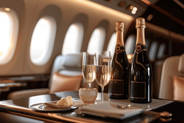 Luxury airline with A set of glasses and champagne. Generative AI - obrazy, fototapety, plakaty