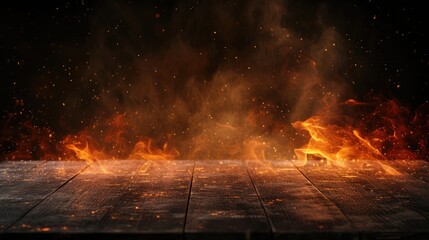 wooden table with Fire burning at the edge of the table, fire particles, sparks, and smoke in the air, with fire flames on a dark background to display products - obrazy, fototapety, plakaty