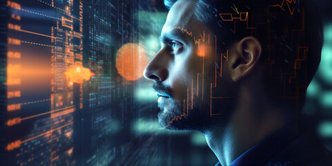 Portrait of a man analyzing financial data. Stock market. Double exposure