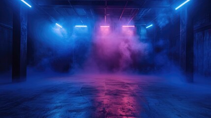 dark blue background, an empty dark scene, neon light, spotlights The asphalt floor and studio room