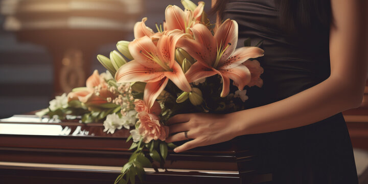 Woman with lily flowers and coffin at funeral