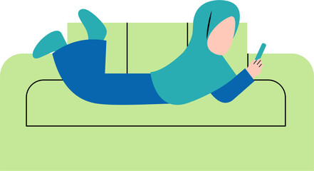 Obraz premium Hijab Woman Playing Smartphone On Sofa