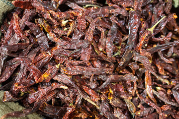 dry red chilli spice for sale at retail shop from top angle at day