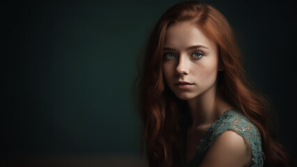 Studio portrait of a young female model with red hair and a healthy complexion. Skin care and cosmetics. She is wearing a green lace dress.