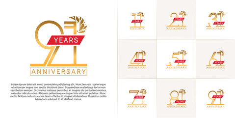 set of anniversary logotype golden color with ornament and red ribbon for special celebration event