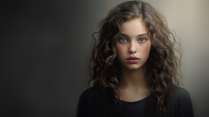 Studio portrait of a young girl with wavy brown hair and a fair complexion. She is wearing a black t-shirt. Skin care and cosmetics.