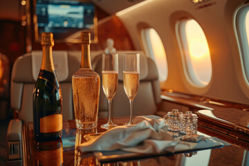 Luxury airline with A set of glasses and champagne. Generative AI