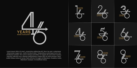 set of anniversary logotype golden and silver color with arrow for special celebration event