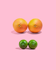 Raw oranges and lemons on pink background, concept of female breasts of different sizes