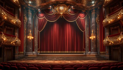 a theater with red curtains and gold trim