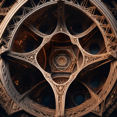 An ornate, wooden structure with multiple layers and intricate sacred geometry designs.