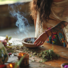 Hands of a spiritual medicine woman burning medicinal herbs in a bowl; sacred ritual smoke for purification and healing of soul and body. natural preparation of a shaman healer, for holistic healing