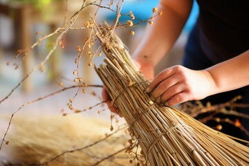Close-up of a farmer tying collected plants into a broom - obrazy, fototapety, plakaty