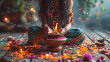 Hands of a spiritual medicine woman burning medicinal herbs in a bowl; sacred ritual fire for purification and healing of soul and body. natural preparation of a shaman healer in a temple - obrazy, fototapety, plakaty