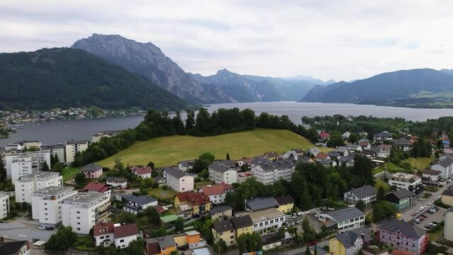 aerial of Gmunden with Traunstein and Traunsee