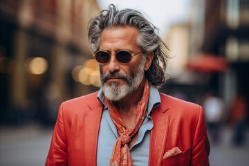 Portrait of a handsome senior man with gray hair and beard wearing red jacket and sunglasses on the street.