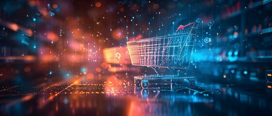 e-commerce blue to transactional silver background with pixelated motifs of shopping carts .
 - obrazy, fototapety, plakaty