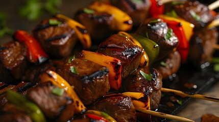 grilled beef skewers, each glistening with a savory glaze and adorned with vibrant bell peppers and onions