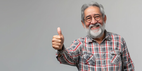 Fototapeta premium smiling elderly gray-haired man in glasses shows thumbs up on a colored background in the studio, pensioner, old age, grandfather, portrait of a mature person, beard, casual wear, gesture, happy