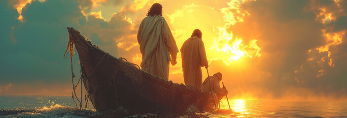 Jesus with his disciples in a boat, sailing on the sea - obrazy, fototapety, plakaty