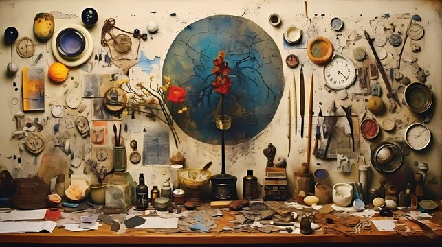 Collage artist's table with a mix of found objects, creating a visually rich and textured composition
